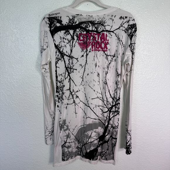 Christian Audigier Crystal Rock Top Womens Large Crane Blossom Y2K Tunic Shirt T - Picture 2 of 13
